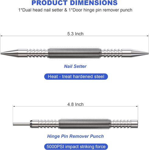 Spring Loaded Nail Set Tools,2-PCS Dual Head Nail Setter and Hinge Pin Punch Set, Hammerless 1/16?& 3/32?Spring Nail Set, Super Strong Force Door ...
