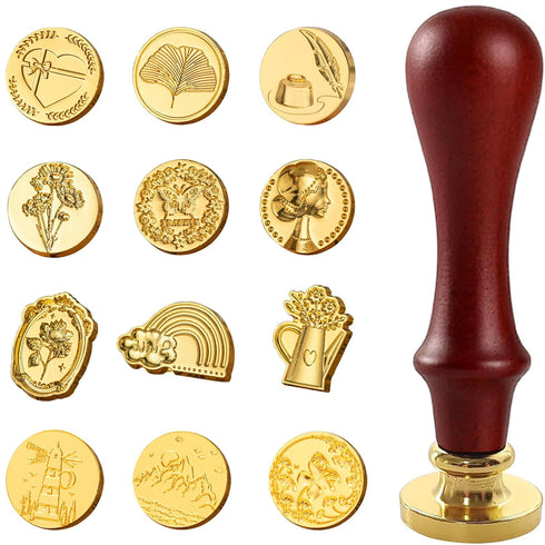 12 PCS Wax Seal Stamp Set, Brass Wax Stamp Heads and Wooden Handle, Vintage Retro Classical Wax Sealing Stamp Crafts Wax Seal Stamp Kit with Box f...