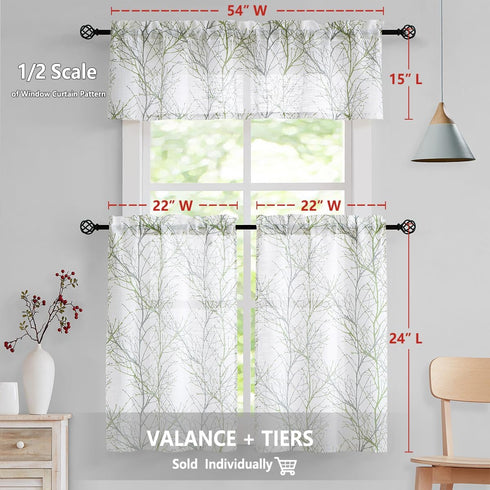 FMFUNCTEX Sage Green Kitchen Curtains with Tree Branch Pattern - Semi Sheer Linen Tiers for Bathroom, Cafe - 24 Inch Length, Grey Farmhouse Rustic...