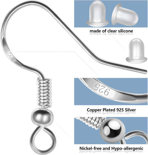 925 Sterling Silver Plated Earring Hooks 150 PCS/75 Pairs,Ear Wires Fish Hooks,500pcs Hypoallergenic Earring Making kit with Jump Rings and Clear ...