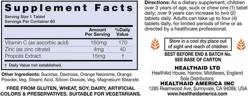 Zincovit - C, Chewable Vitamin C and Zinc Lozenges with Propolis, 60ct, Vegetarian...