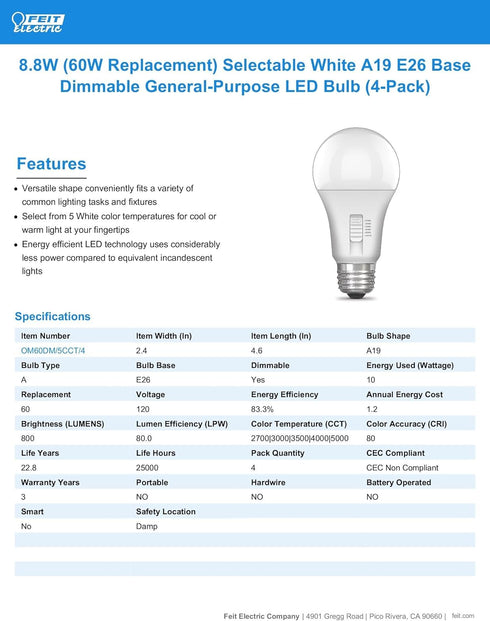 Feit Electric A19 LED Light Bulb, 60W Equivalent, 5CCT, Dimmable, E26 Medium Base, 80 CRI, 800 Lumens, Standard Light Bulb with Switch on Bulb, 22...