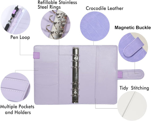 A6 6 Ring Budget Binder - Crocodile Pattern Leather Notebook Binder, Small Refillable Planner Cover with Magnetic Buckle, Purple...