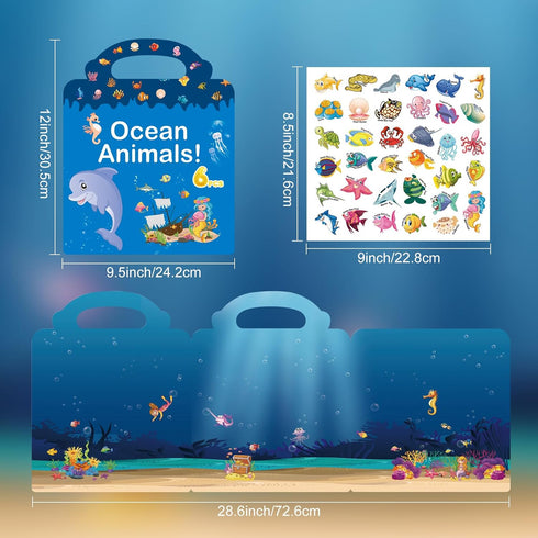 214 PCS Ocean Animals Reusable Sticker Books for Kids, 6 Sheets Reusable Stickers for Toddlers, Cute Waterproof Toddler Stickers Age 3+, Window Cl...