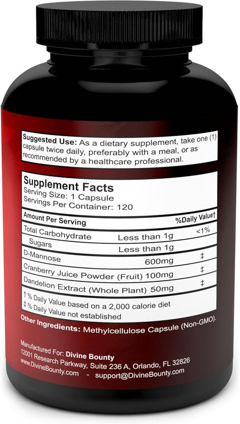Divine Bounty D-Mannose Capsules - 600mg D Mannose Powder per Capsule with Cranberry and Dandelion Extract to Support Normal Urinary Tract Health ...