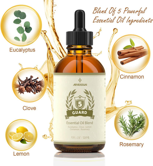 ARVIDSSON Five Guards Essential Oil Blend 4 Fl. Oz (120ml), Thieves Essential Oil, Combination of Clove, Eucalyptus, Lemon, Cinnamon, Rosemary Ess...