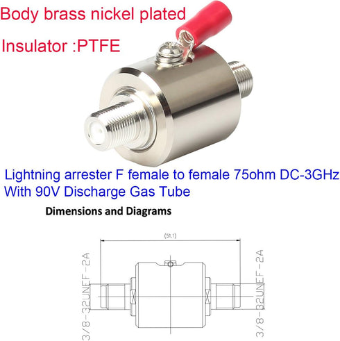 Lightning Surge Protector F Female to F Female DC-3 GHz 75 ohm with 90 V Gas Tube Surge Arrester (Lightning Arrester F Female to Female)......