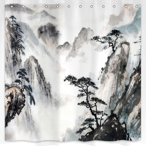 Japanese Shower Curtain, Asian Landscape Painting Oriental Ink Watercolor Mountain Tree Abstract Bath Curtains, Black Print Fabric Bathroom Access...