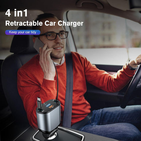 OHLPRO Retractable Car Charger 4 in1, 80W Fast Charge Car Charger Adapter with Retractable Cable Type-C & Lightning and 2 Charge Port USB C/USB A ...