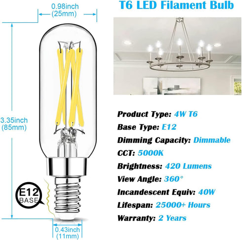 Mlambert 12 Pack Dimmable T6 LED Bulbs,4W Equal 40W e12 Candelabra Bulb 5000K,Clear 4W E12 Edison Bulb for Chandelier,Light Bulb E12 Candelabra Bu...