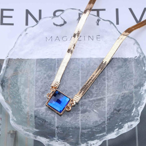 Boho Blue Sapphire Choker Necklace Gold Herringbone Chain Necklace Vintage Blue Gem Necklace Square Collar Necklace Chain Jewelry for Women and Gi...