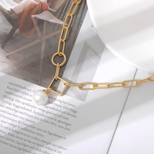 Mesovor Single Pearl Pendant Necklace for Women, 16K Gold Plated Paperclip Chain Necklace...
