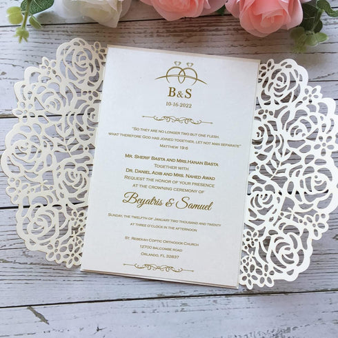 20PCS 5.12 x 7.28'' Laser Cut Wedding Invitations Cards with Envelopes Hollow Rose Pocket with Bowknot Invitation for Bridal Shower Wedding Invite...