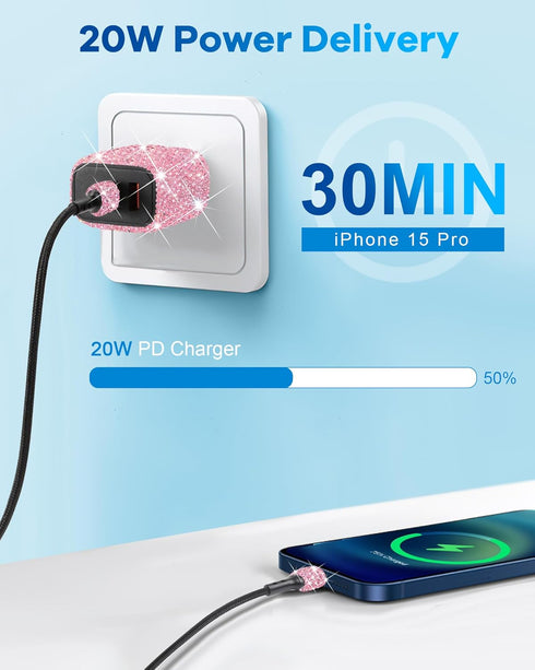 Bling USB C Wall Charger, 20W PD + QC Dual Port Fast Charging Adapter with 3.2FT Type-C Charging Cable Compatible for iPhone 15 Pro Max iPad Andro...