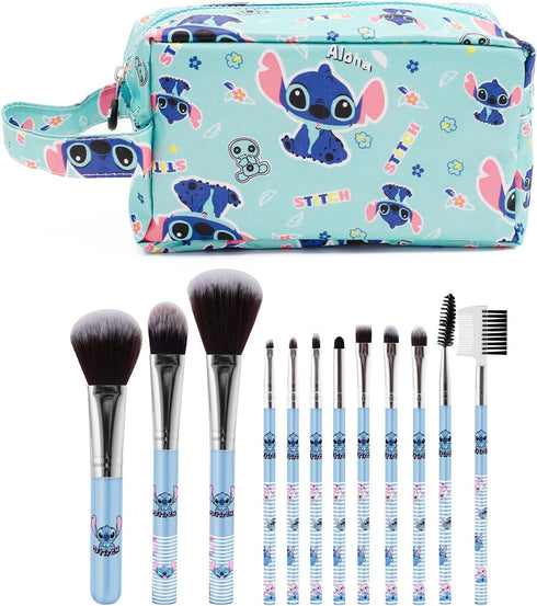 Cartoon Kitty Makeup Bag with Makeup Brush Plush Stitch Cosmetics Case 8 Pcs Cosmetic Brush Kawaii Capacity Bag for Women -5...