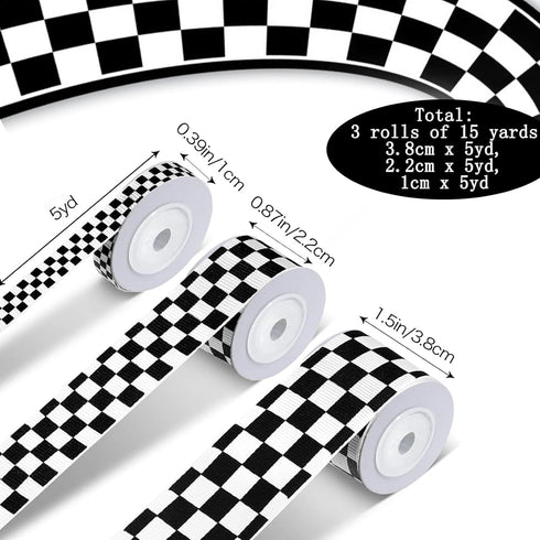 3 Rolls Black Grosgrain Ribbon White Checkered Printed Ribbon?15 Yards Crafts Racing Car Theme Printed Checkered Ribbon?Plaid Buffalo Ribbon?for R...