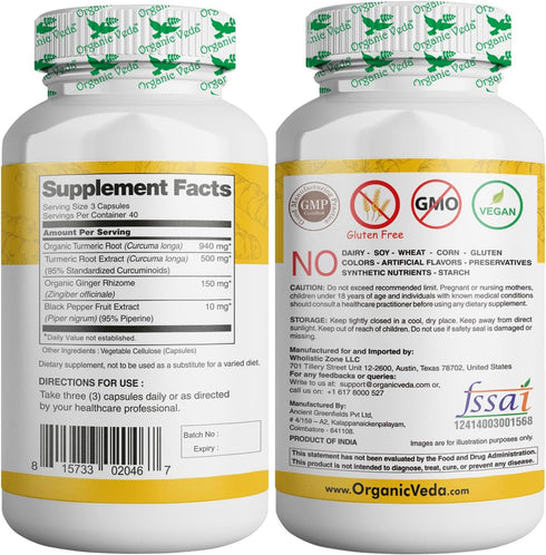 Organic Veda Turmeric and Ginger Capsules 120 pills - Organic Turmeric Curcumin with Black Pepper for Joint Support - Non Gmo, Gluten Free, Turmer...