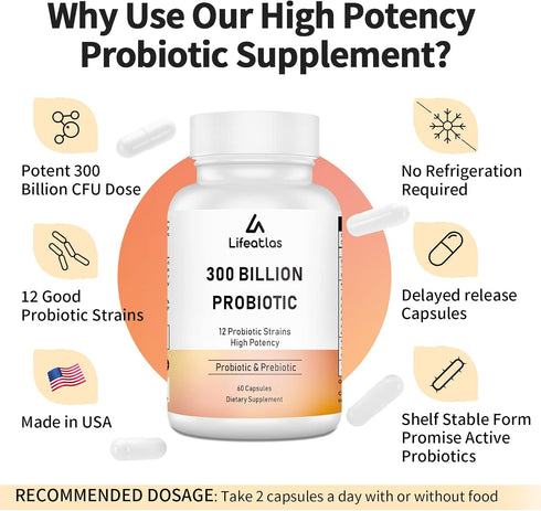 300 Billion CFU Probiotics - Probiotics for Women and Men, 12 Probiotic Strains Plus Prebiotic, for Immune & Digestive, Gut Health, Gas Bloating, ...