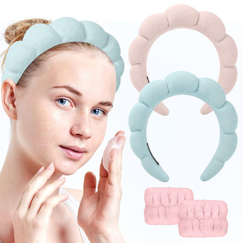 Sponge Spa Headband for Women, Spa Terry Towel Cloth Fabric Head Band with 2PCS Wrist Washband, Soft & Absorbent Material Hair Accessories for Fac...