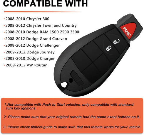 3 Button Key Fob Compatible for Dodge Challenger, Charger, Grand Caravan, Chrysler 300, RAM 1500 2500 3500 Keyless Entry Remote Replacement for M3...