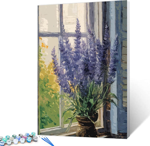 Tucocoo Lavender Paint by Number for Adults, DIY Digital Oil Painting Kits on Canvas with Brushes and Acrylic Pigment, Rustic Window Blooming Flor...