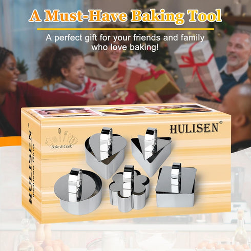 HULISEN Set of 5 Cake Ring Mold, Stainless Steel 3” Dessert Food Molds with Pushers, Food Cooking Rings for Tuna Tartare, Pancake, Rice...