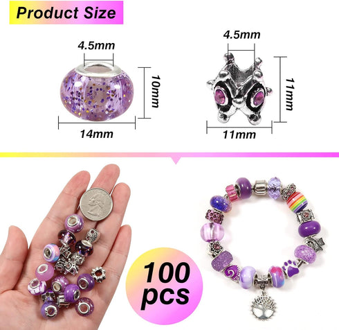 TOAOB 100pcs Assorted European Large Holes Beads Purple Spacer Lampwork Glass Craft Beads Assortments Rhinestone Metal Beads for DIY Charms Bracel...