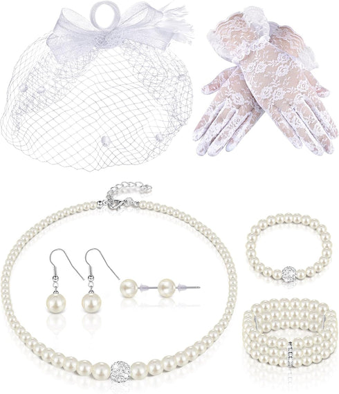 Geyoga 7 Pcs Fascinators Hat for Women Tea Party with Lace Gloves Pearl Necklace Bracelet Earrings Set for Hallween...