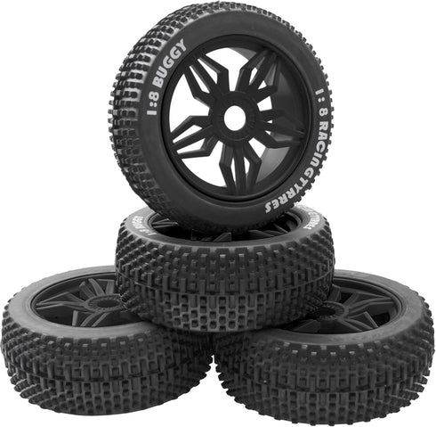 ShareGoo OD 4.52" 1/8 RC Buggy Rubber Tires Tyre w/ 5 Spoke Plastic Rim 17mm Hex Compatible with Arrma Kyosho Exceed RC Traxxas Redcat HSP HPI 1/8...
