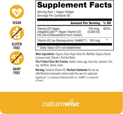 NatureWise Vitamin D3 + K2 with Plant Based Vitamin D3 5000IU & 100mcg Vitamin K2 as MK-7 - Max Absorption - Vegan Non-GMO - Immune Support - with...