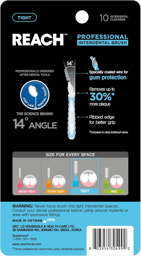 Reach Interdental Brush Cleaners, Tight, 10 Count, Sensitive Gum Protection, Plaque Remover, Brushes Between Teeth & Braces, Dental Toothbrushes, ...
