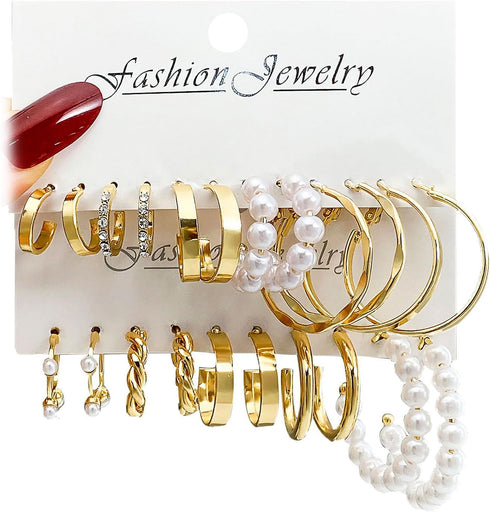 10 Pairs Gold Hoop Earrings Set For Women, Chunky Earring Multipack Hypoallergenic Trendy Big Samll Stud Earring Lightweight Twisted Pearl Ear Pac...