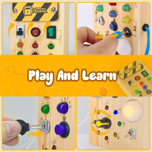 montessori toddler busy board, baby wooden busy board with 8 LED light switches, sensory toys light switch toys travel toys for 1+ year old baby a...