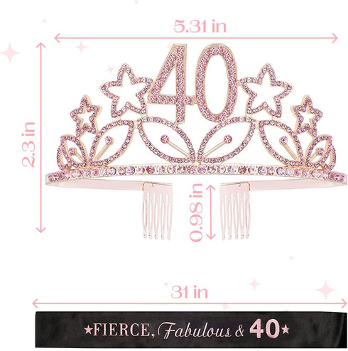 MEANT2TOBE 40 and Fabulous Sash and Tiara Set for Women Forty and Fierce Glitter Sash and Rhinestone Crown - Elegant Accessories for 40th Birthday...
