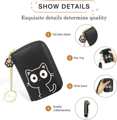 CONISY Cute Credit Card Holder for Women, Small Leather Zipper RFID Card Case Wallet with Removable Keychain...