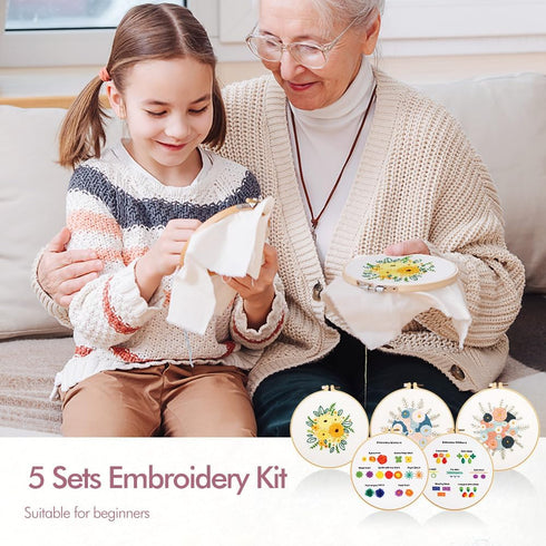 Embroidery Kit for Beginners, Starters with Stamped Pattern, 5 Sets Cross Stitch Kits for Adults Hand Craft Lover with Embroidery Cloth, Hoop, Col...