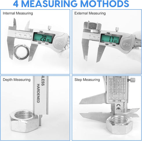 Digital Caliper Measuring Tool, IP54 Waterproof Electronic Micrometer Caliper, Stainlee Steel Vernier Caliper with Large LCD Screen, Inch Metric F...