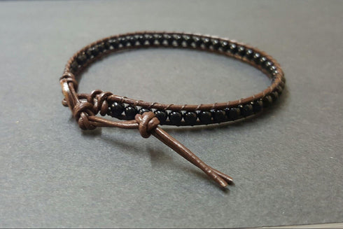 Infinityee888 Onyx Bead Anklet bracelet 10-10.5 inches woven with Leather cord beautiful handmade hippie bohemian Unisex Anklet Gift Idea for Both...