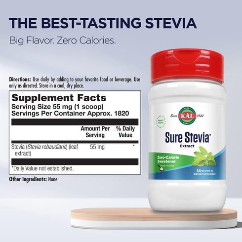 KAL Sure Stevia Extract Powder, Low Carb, Plant Based Stevia Sweetener, Great Taste, Zero Calories, Zero Sugar, Low Glycemic & Perfect for a Keto ...