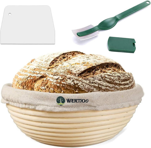 10 Inch Proofing Basket,WERTIOO Bread Proofing Basket + Bread Lame +Dough Scraper+ Linen Liner Cloth for Professional & Home Bakers...