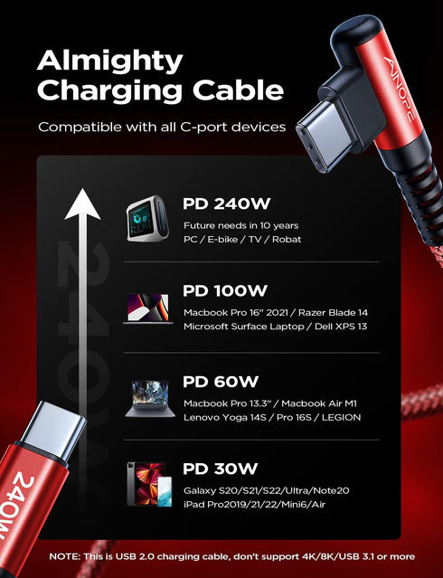 AINOPE 240W USB C to USB C Cable 10ft, Braided USB C Charger Cable Fast Charge for iPhone15/15Pro/15Plus/15ProMax, iPad Pro 2020, iPad Air 4, Sams...