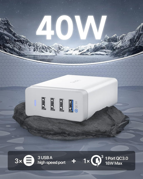 SooPii 40W USB Charging Station,4 Port USB Charger Station with One Port QC 3.0 for Multiple Devices,4 Mixed Charging Cables Included,Compatible w...