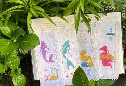 5 pcs mermaid Bookmark Cross Stitch Kits,Small Easy, Bookmarks Cross Stitch,14 Count Counted Cross Stitch Kits,Cotton Thread, Cotton cat Bookmarks...