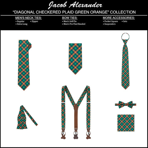 Jacob Alexander Men's Checkered Plaid Pre-Tied Adjustable Banded Bow Tie - Green Orange...