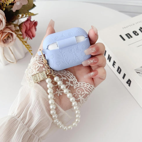 Flower Engraved Case for Airpods Pro 2nd/1st Generation Case Cover with Cleaner Kit, Silicone Skin Airpod Pro Protective Case with Luxury Pearl Ke...