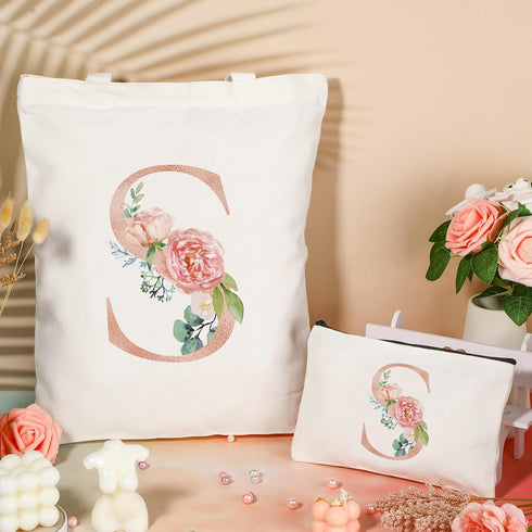 Sanwuta 2 Pcs Initial Canvas Tote Bags Wedding Gift Floral Letter Travel Cosmetic Bags Monogrammed for Woman Wedding...