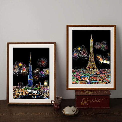 MIASTAR Scratch & Sketch Art for Kids & Adults, Rainbow Painting Night View Scratchboard(A4), Art & Craft, 4 Sheets Scratch Cards & Drawing Pen, C...