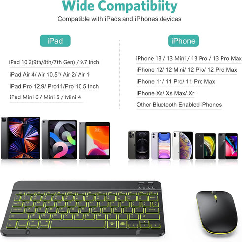 TECURS Bluetooth Keyboard and Mouse Combo for iPad - Rechargeable Wireless Keyboard & Mouse with 7-Color Backlit Compatible with iPad 10th/9th/8th...