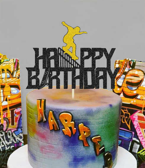Glitter Happy Birthday Skateboard Cake Topper for Extreme Skateboard Sport Skateboarding Graffiti Theme Birthday Party Cake Decorations...