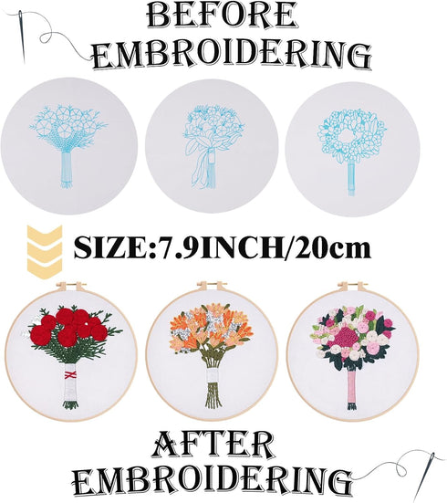 3 Sets Embroidery Starter Kit, Cross Stitch kit for Beginners DIY Adult Kids, Floral Embroidery kit with Bouquet Pattern, 3 Embroidery Fabric and ...